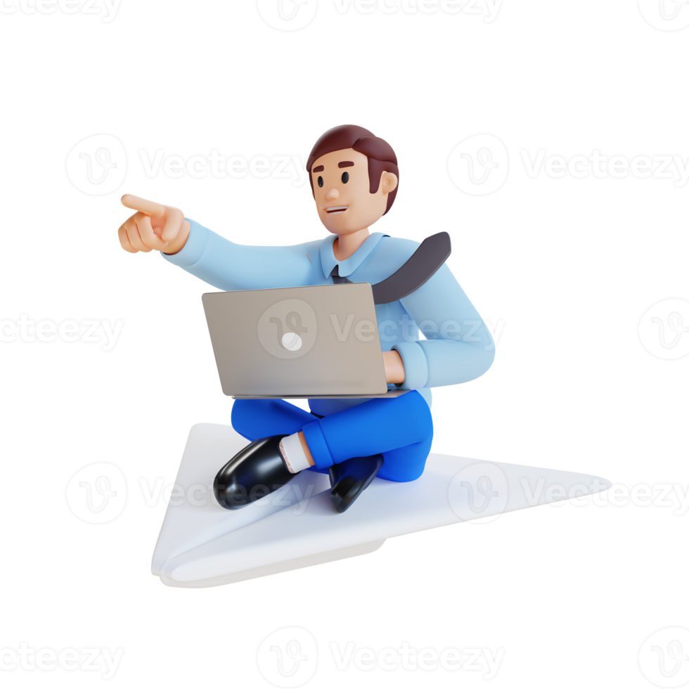 businessman with laptop flying on a huge paper airplane while pointing forward with hand 3d character illustration png