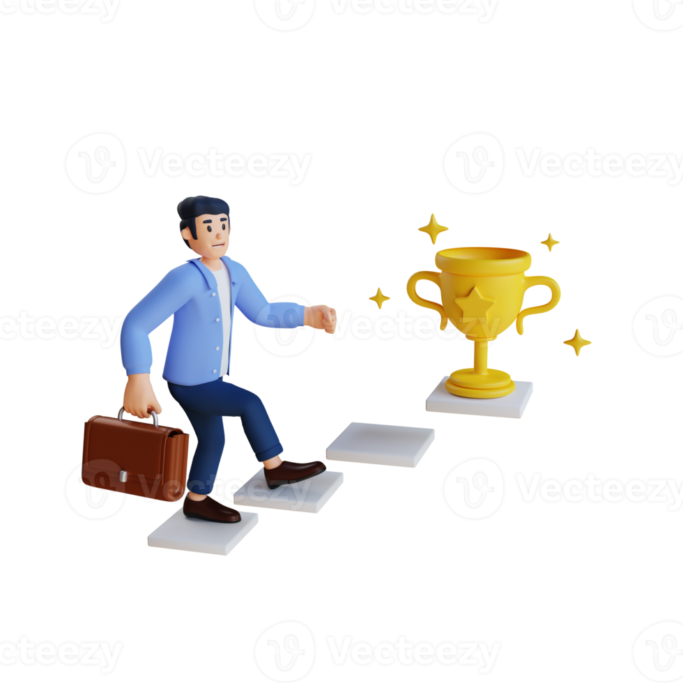 hombre de negocios sube las escaleras para conseguir la meta o el trofeo ilustración de personaje 3d png