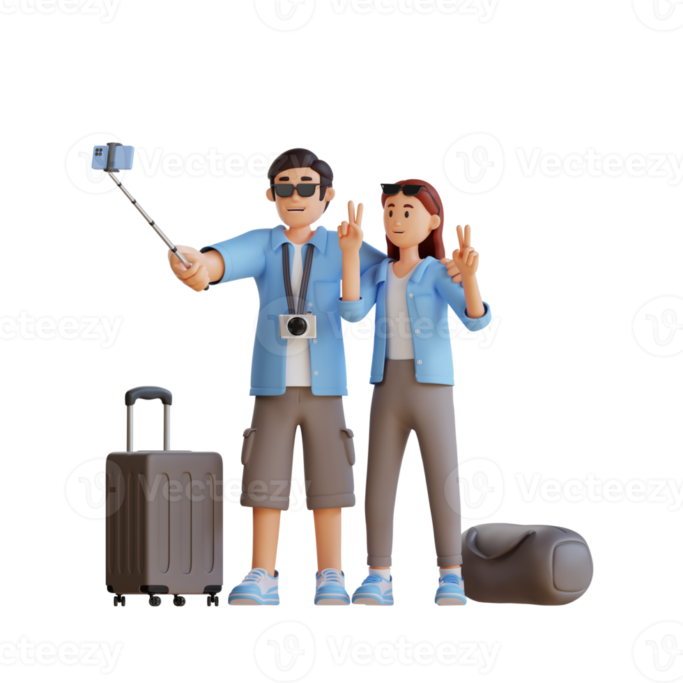 female and male tourists taking selfie together 3d character illustration png