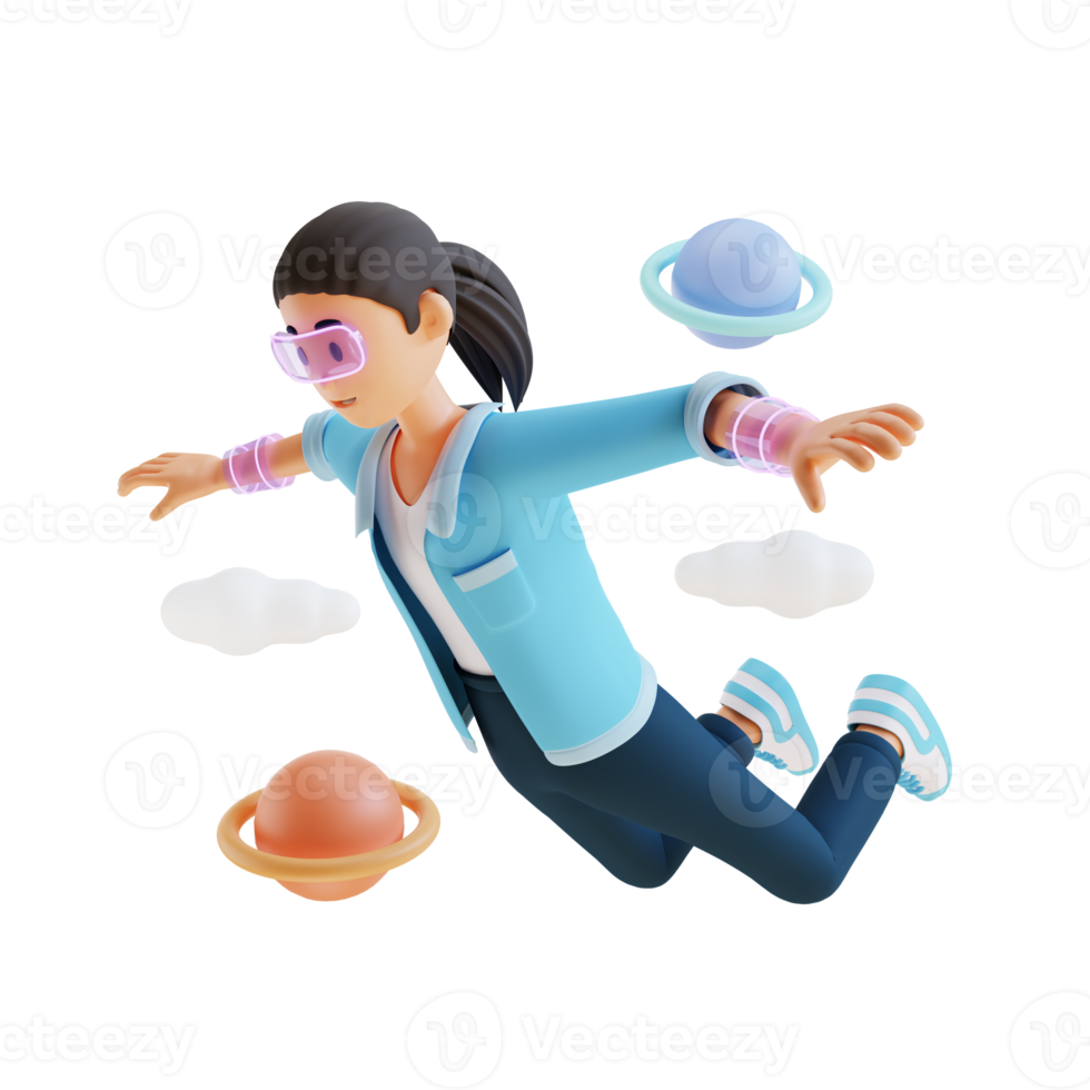 niña volando mientras usa una ilustración de personaje vr 3d png
