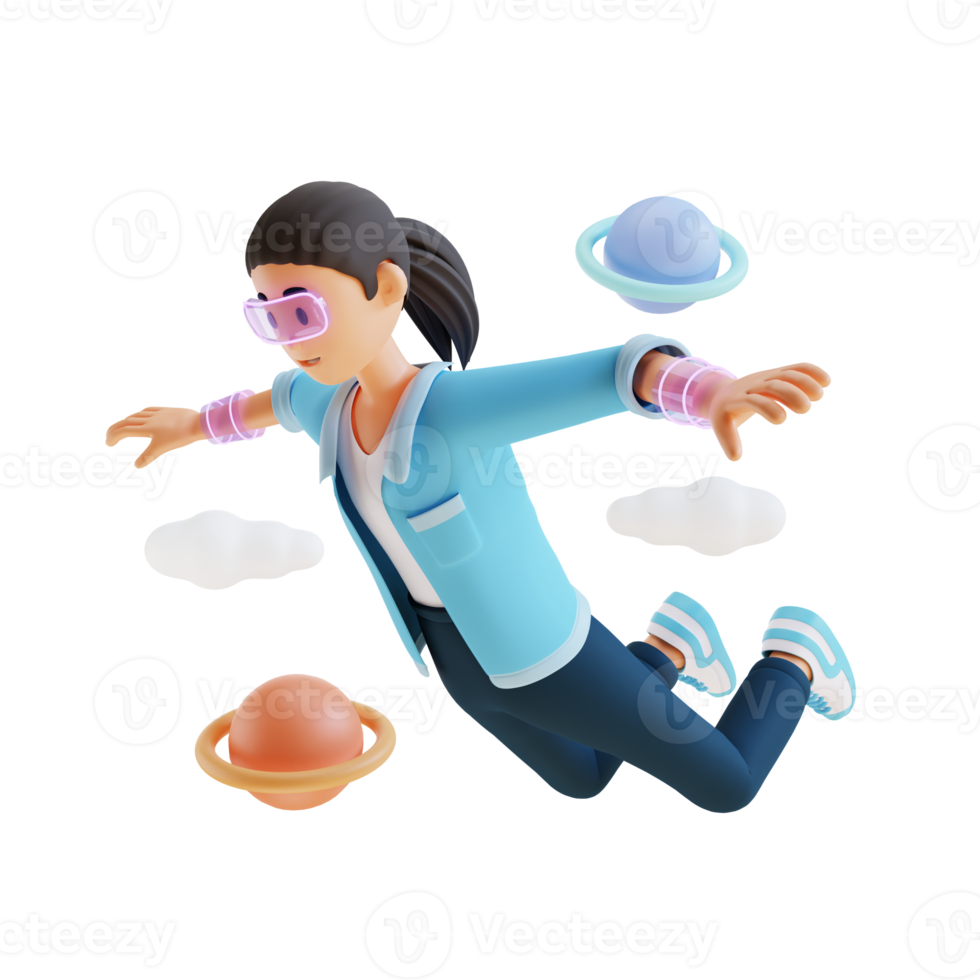 young girl flying while wearing a VR 3d character illustration png