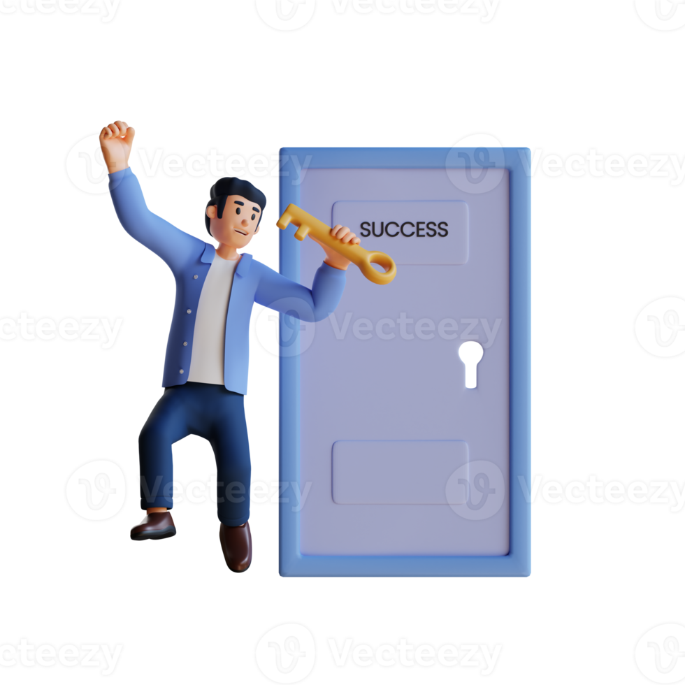 businessman holds the key to success 3d character illustration png