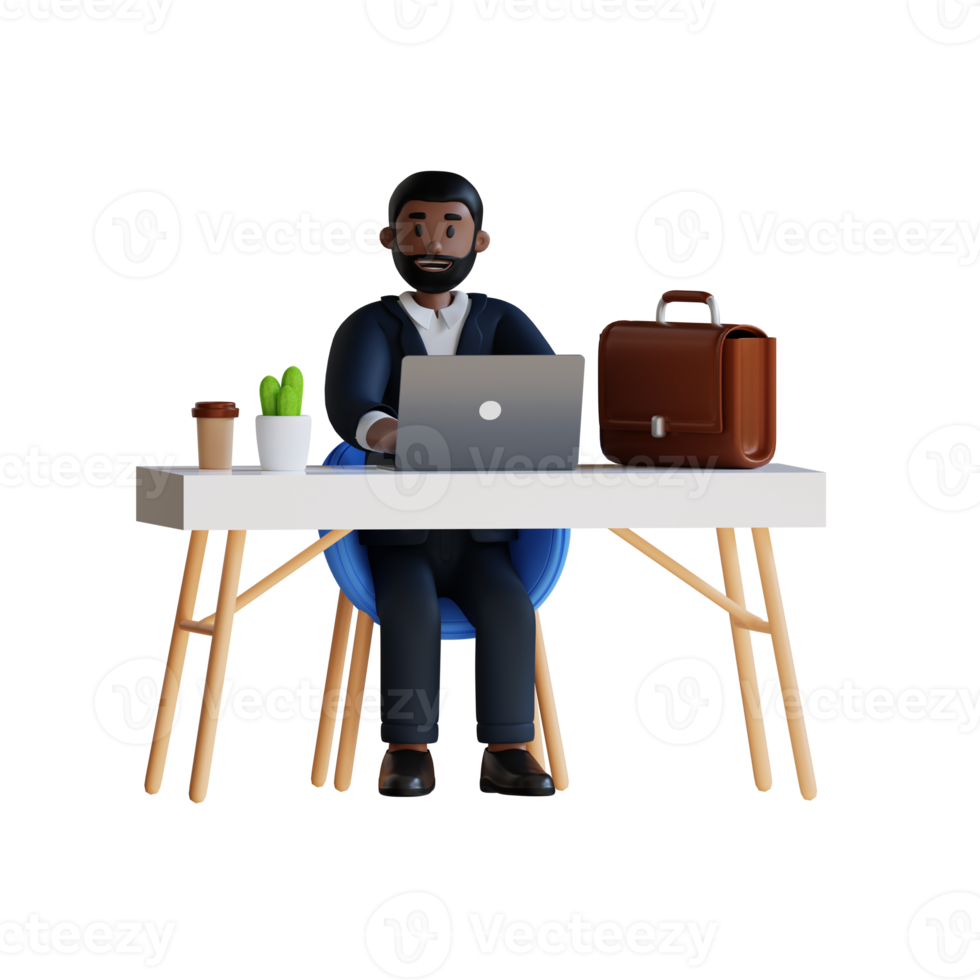 businessman sitting in workspace with laptop and briefcase 3d character illustration png