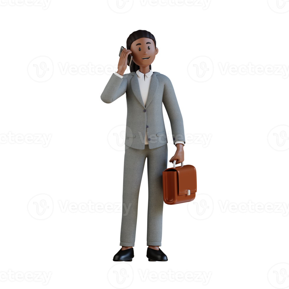 business woman with briefcase picks up phone 3d character illustration png