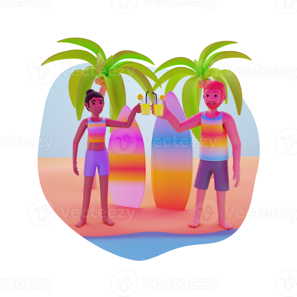 boy and girl enjoying drinks on the beach 3d character illustration png