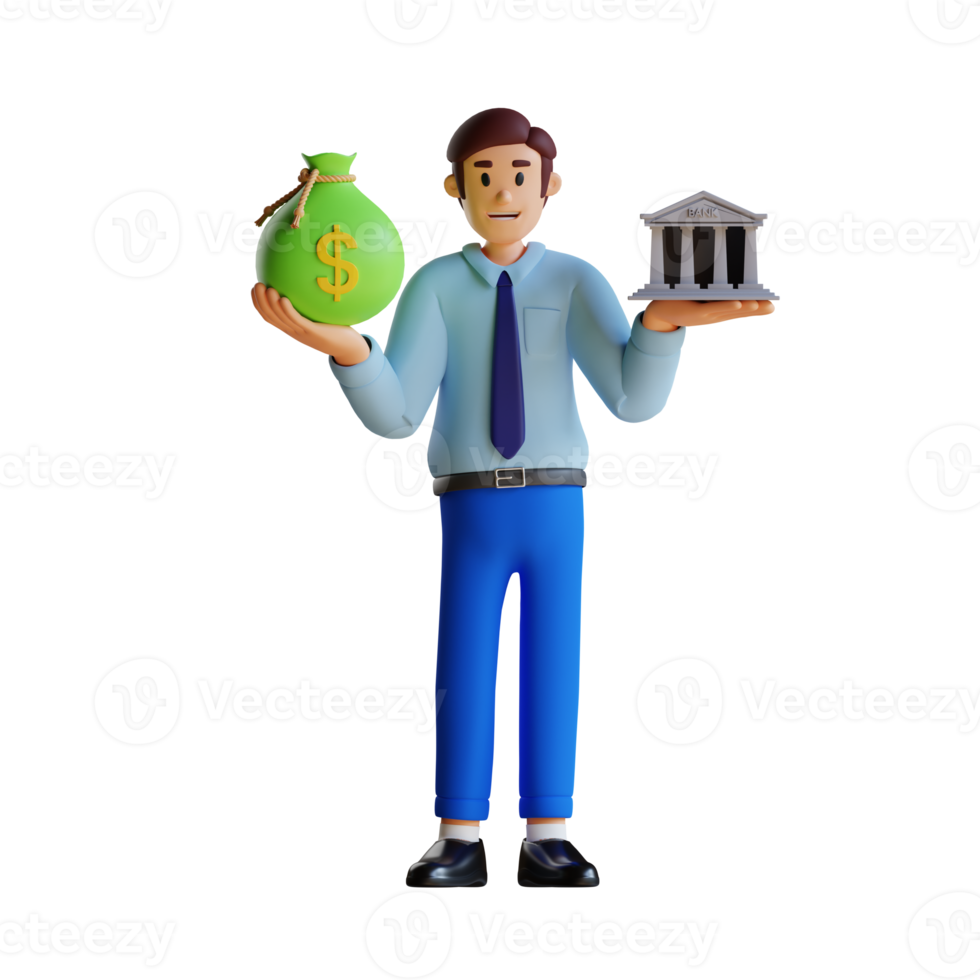 businessman holding miniature bank and sack of money in the hand 3d character illustration png