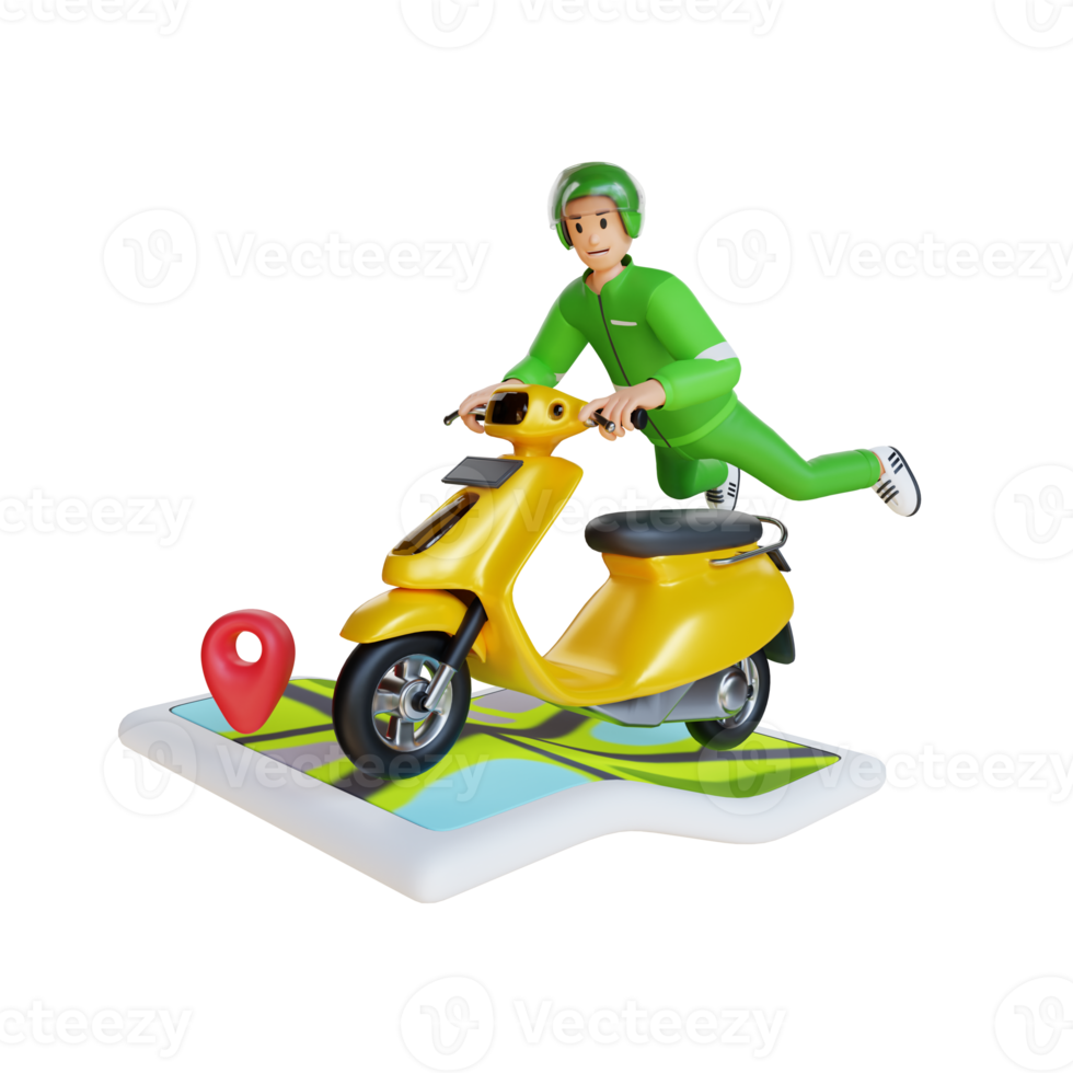 motorcycle taxi rider riding motorcycle with gps maps 3d character illustration png