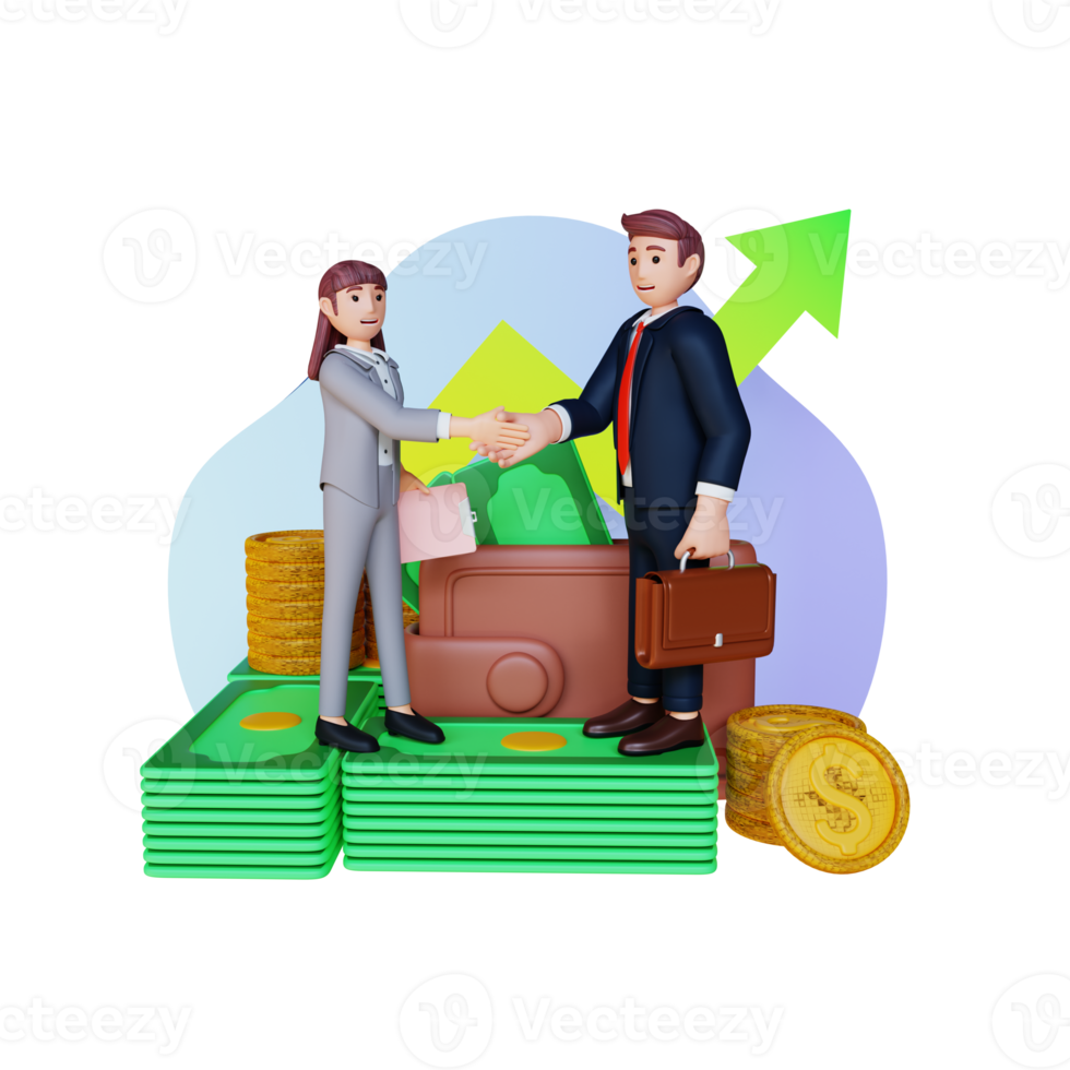 businessman and businesswoman handshake on pile of money after finish agreement 3d character illustration png