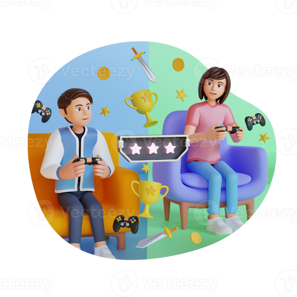 young man and girl playing game online together at home, 3d character illustration png