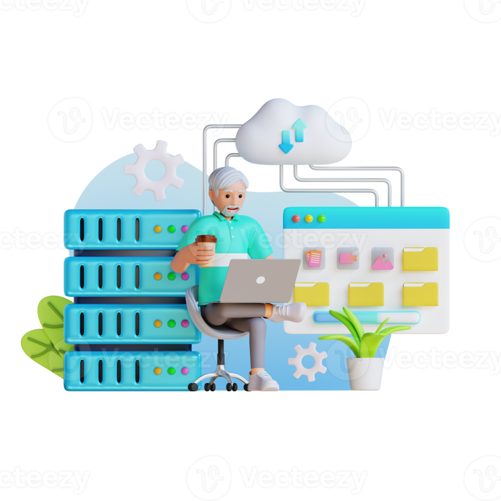 homme d'âge moyen assis et télécharge des données sur le stockage en nuage et le serveur à l'aide d'un ordinateur portable, illustration de personnage 3d png