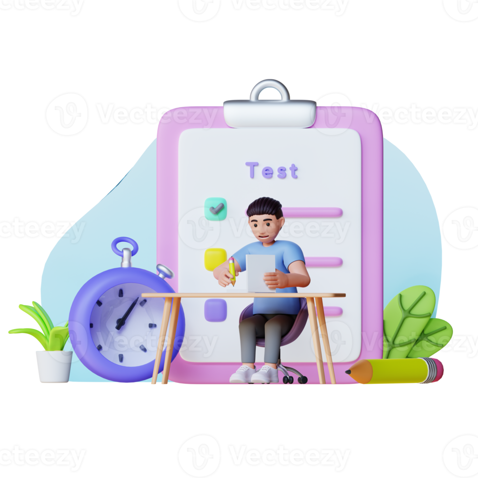 young man holding pencil and taking exam, 3d character illustration png