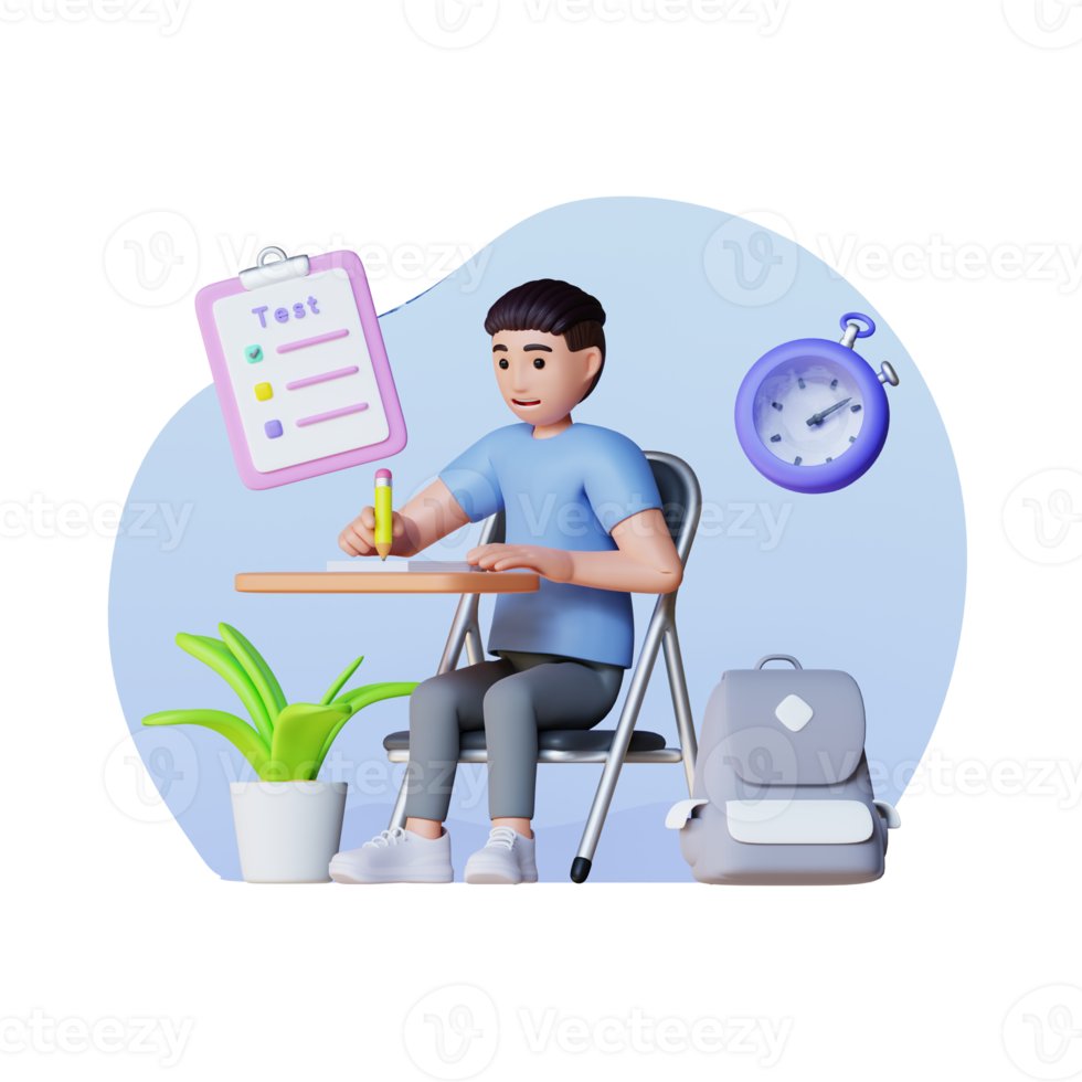 jeune homme étudiant pour un test universitaire, illustration de personnage 3d png