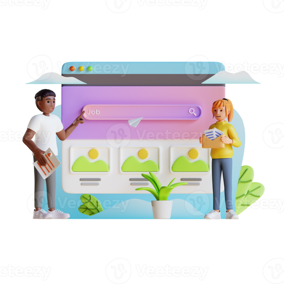 man and woman search job at online website, 3d character illustration png