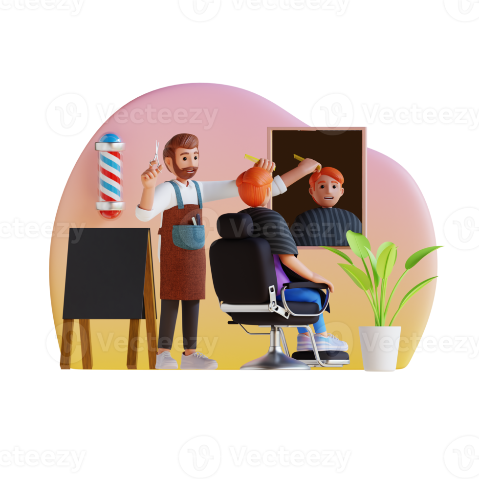 barbearia cortando o cabelo do cliente ilustração de personagem 3d png