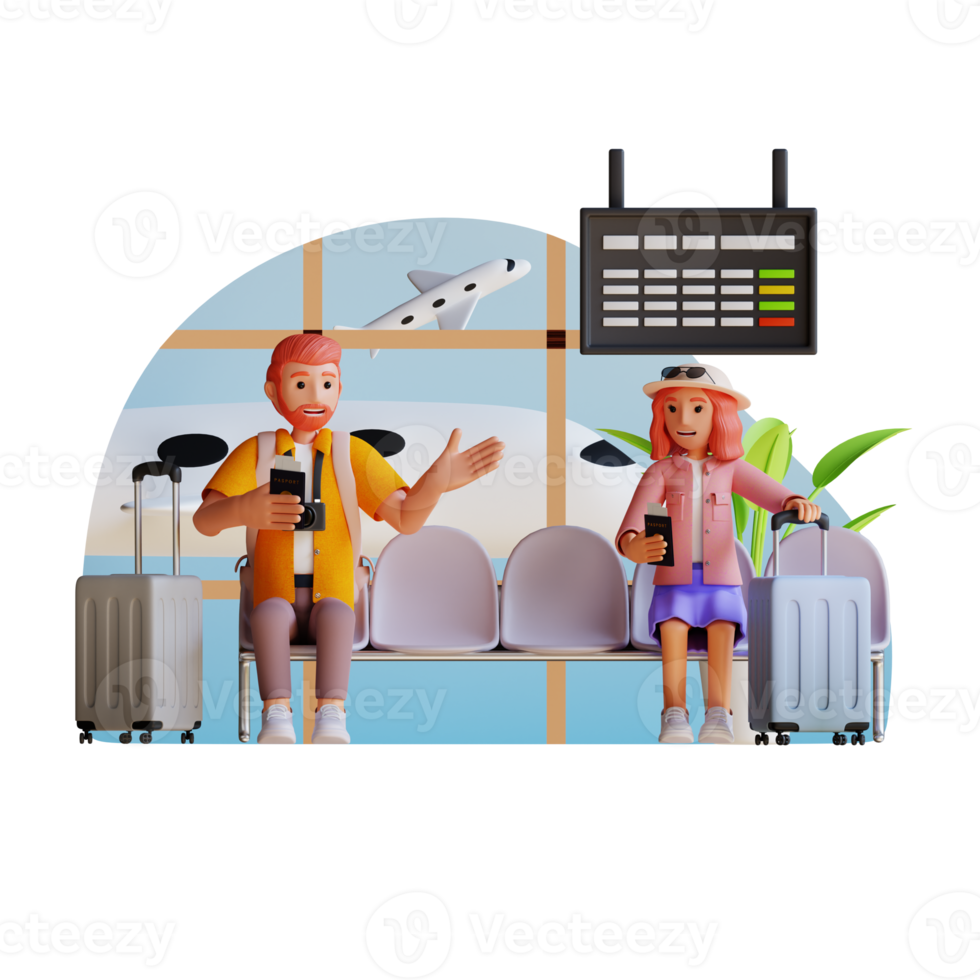 couple of tourist sitting with passports and tickets carrying a suitcase and talking each other, 3d character illustration png