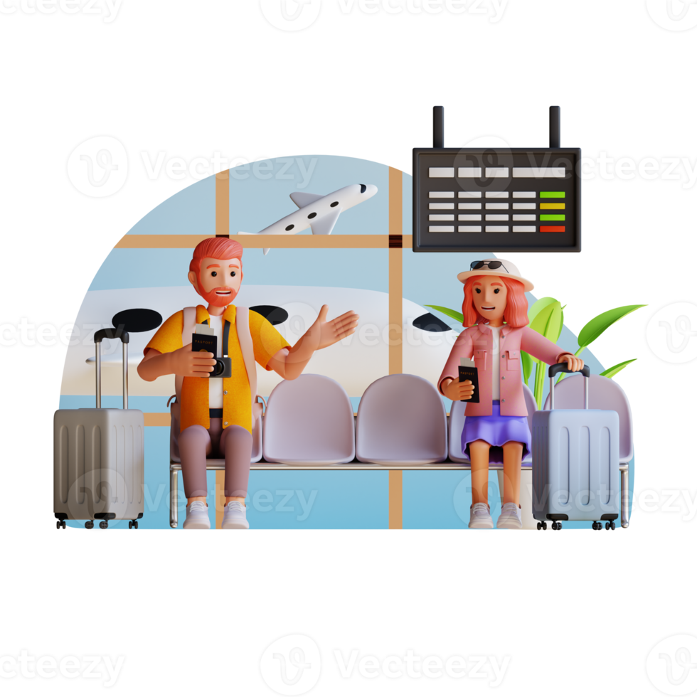 couple de touristes assis avec des passeports et des billets portant une valise et se parlant, illustration de personnage 3d png