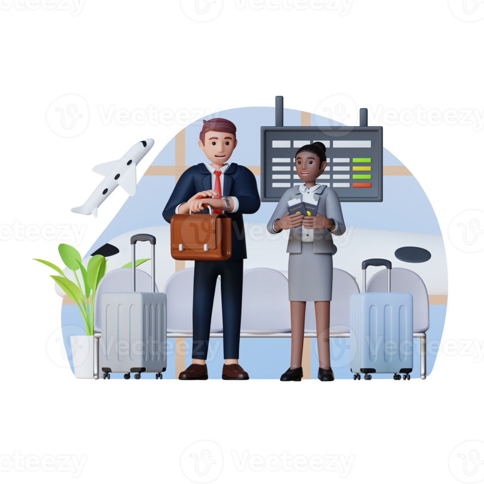 hombre de negocios y mujer de negocios de pie en el aeropuerto con pasaporte y maleta, ilustración de personajes en 3d png