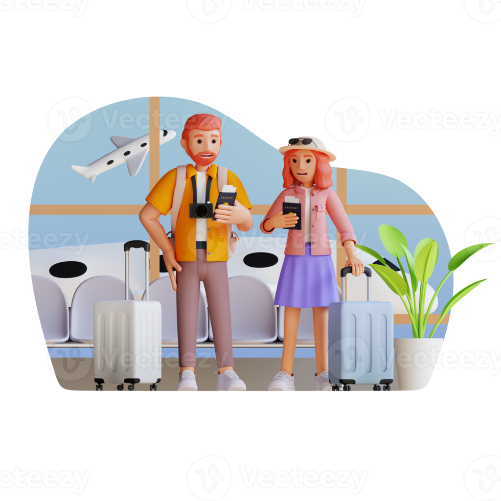 couple de touristes debout à l'aéroport avec passeport et valise, illustration de personnage 3d png