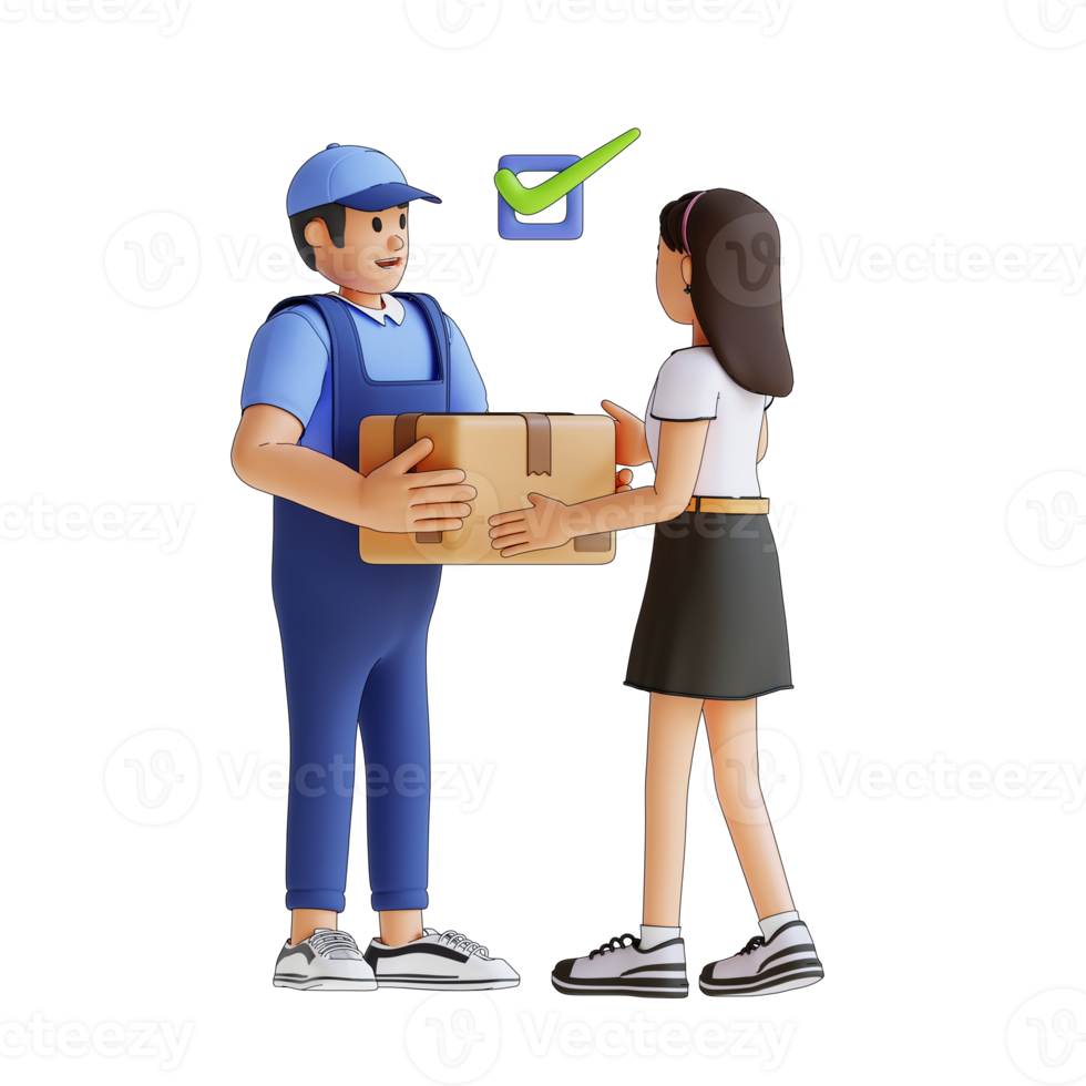 young girl receiving an order box from a courier 3d character illustration png