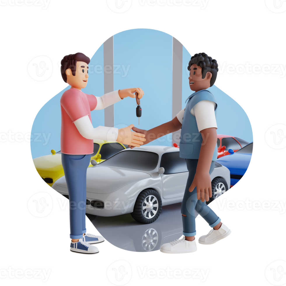 young man giving the rental car key to the consumer 3d character