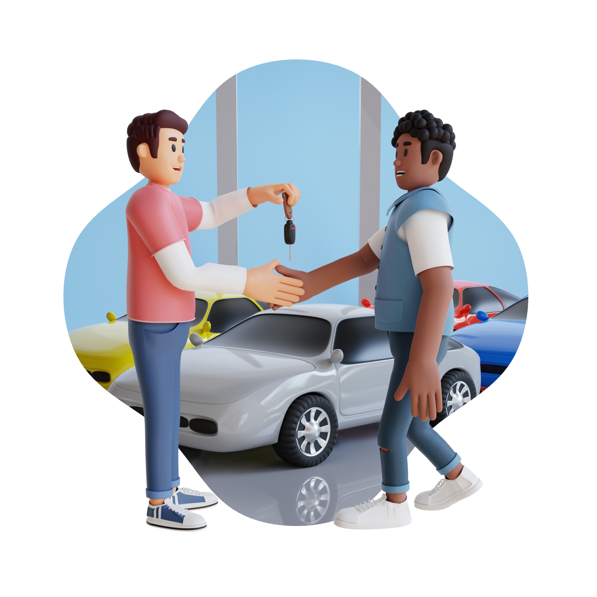 Young Man Giving The Rental Car Key To The Consumer 3d Character young-man-giving-the-rental-car-key-to-the-consumer-3d-character