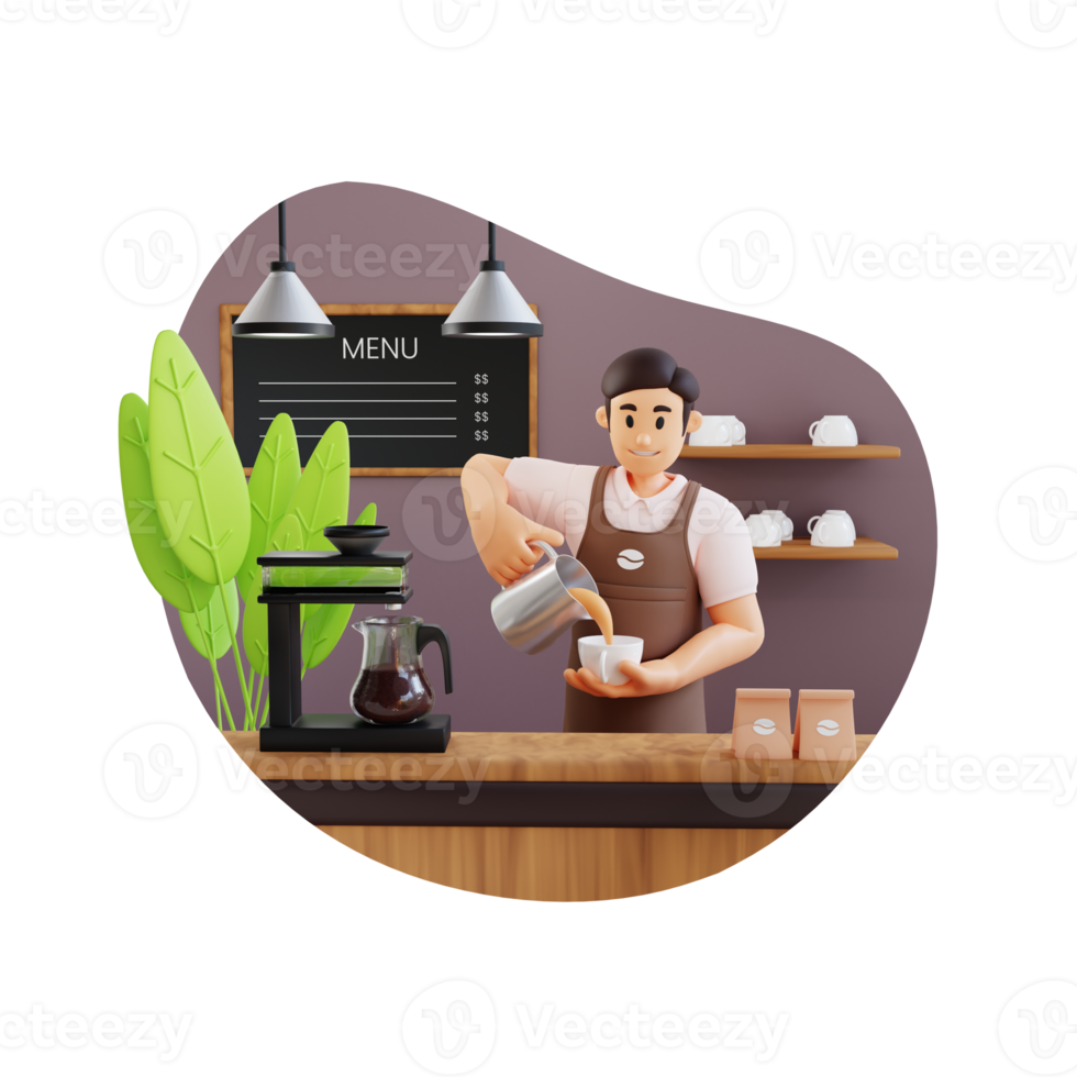 male barista pouring coffee in coffee cup for making latte 3d character illustration png