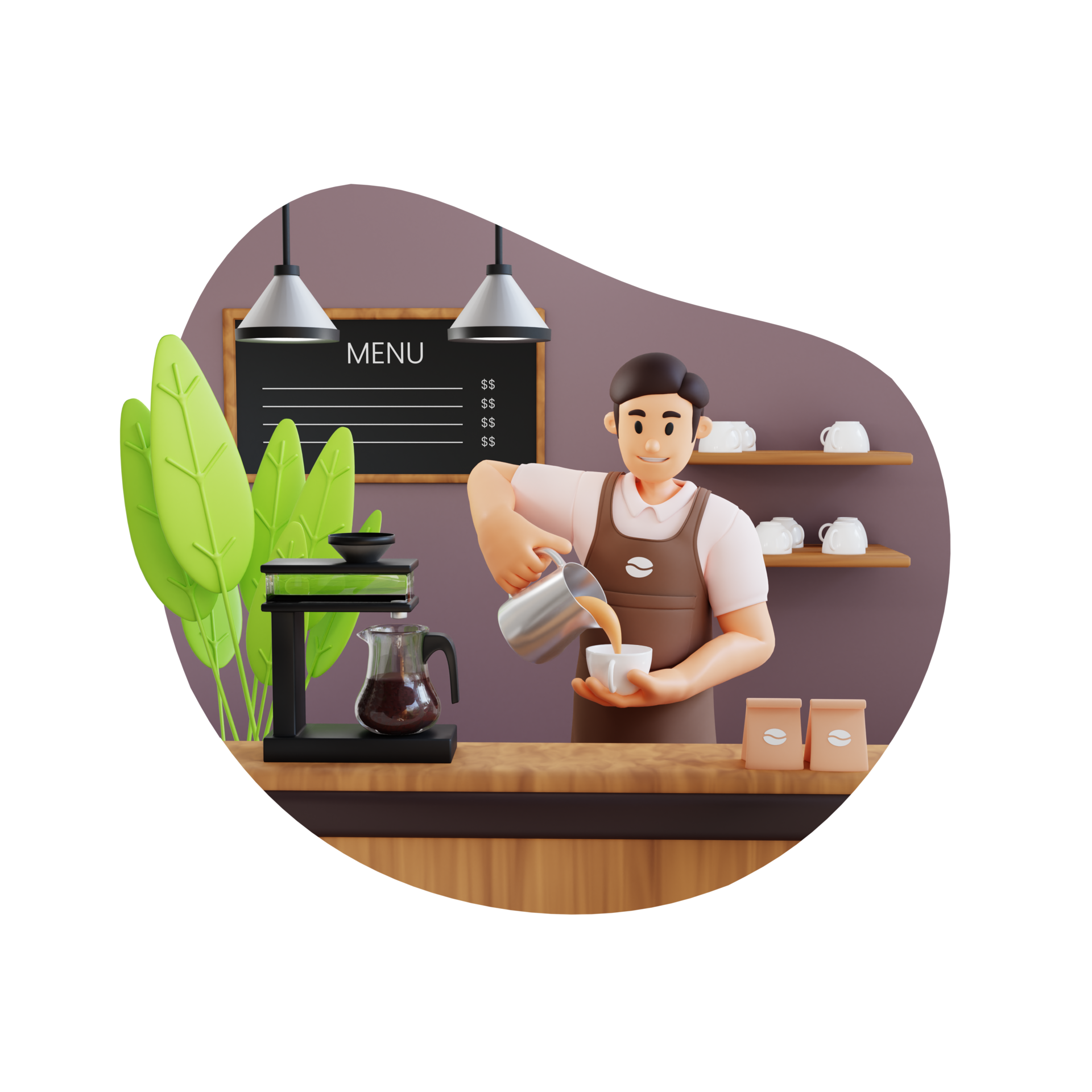 male barista pouring coffee in coffee cup for making latte 3d character