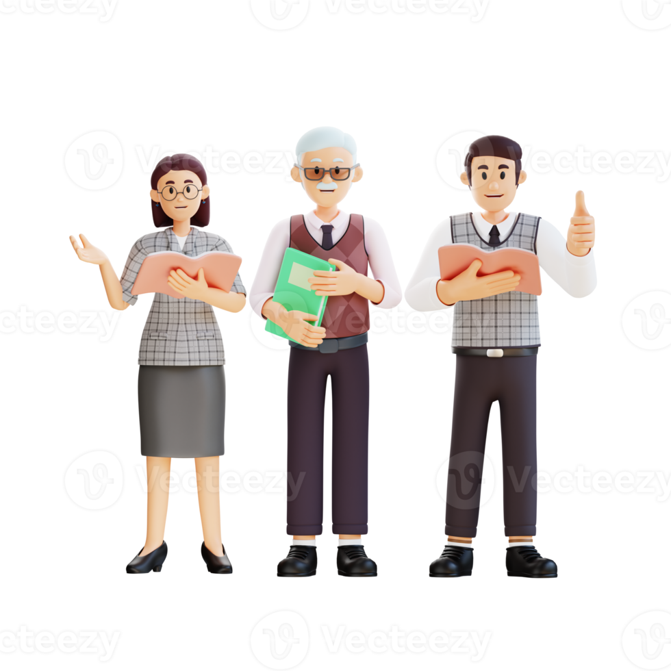 the teachers are standing while holding books 3d character illustration png
