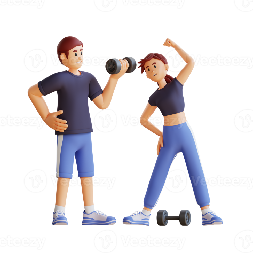 young man and girl dressed in sportswear are doing exercise 3d character illustration png