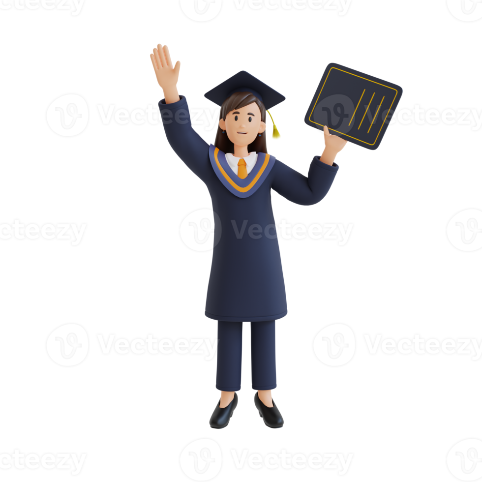 young girl wearing graduation gown standing while holding graduation certificate 3d character illustration png