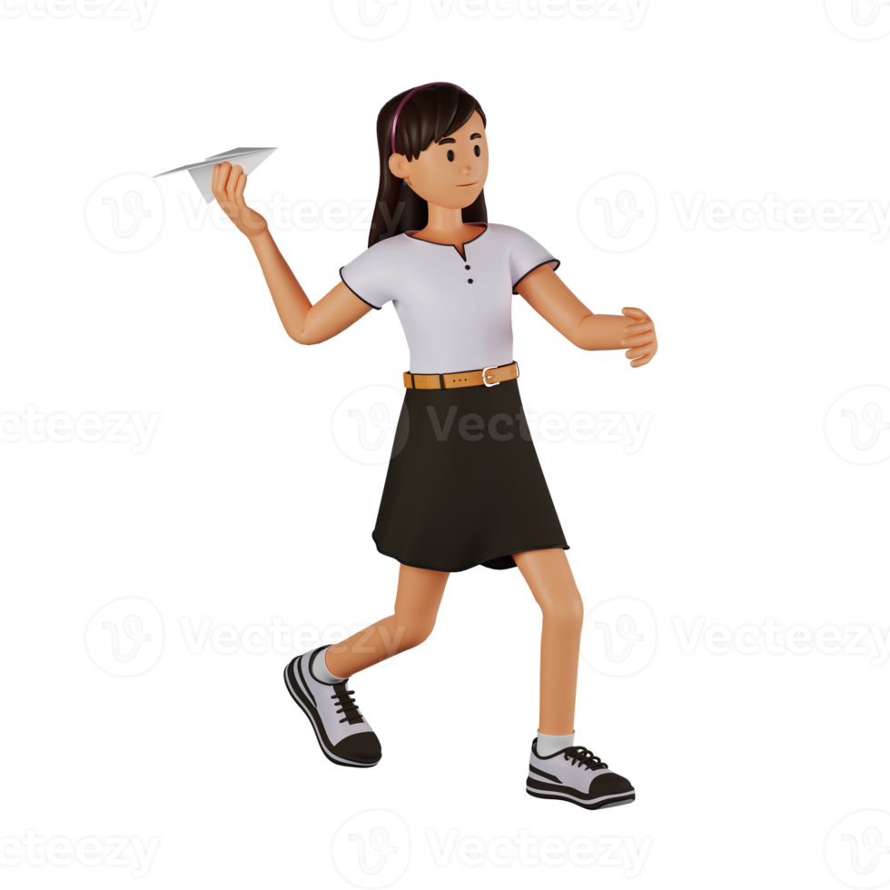 woman playing paper plane 3d cartoon character illustration png