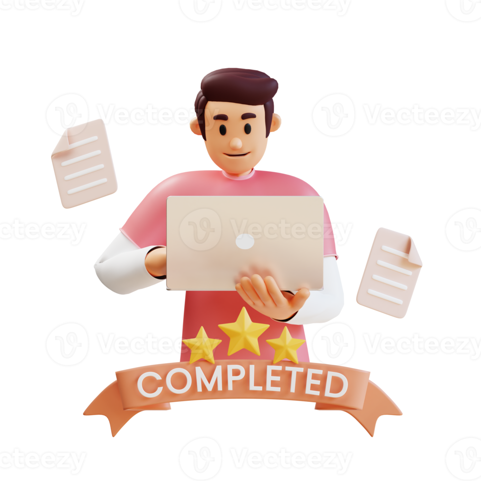 young man with laptop completing tasks and project 3d character illustration png