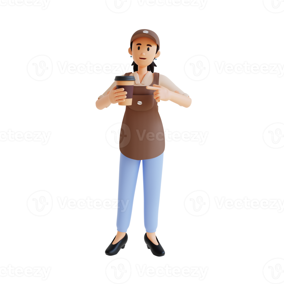 weiblicher barista, der auf ihre tasse kaffee 3d-charakterillustration zeigt png