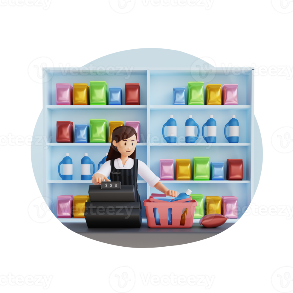 female cashier totaling grocery purchase 3d character illustration png