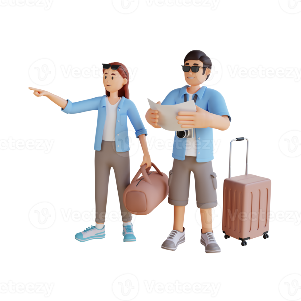 couple de touristes consultant un guide de la ville recherchant des lieux illustration de personnage 3d png