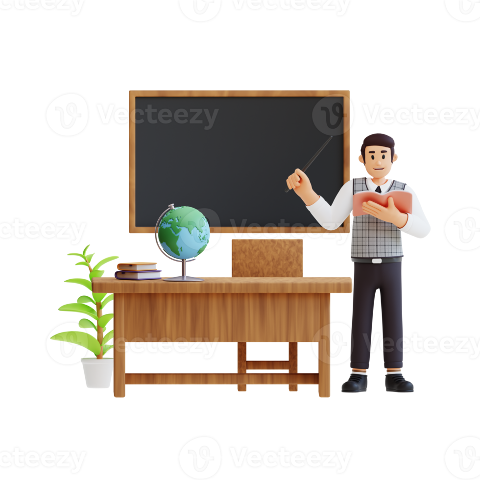 male teacher is teaching in a class using a blackboard 3d character illustration png
