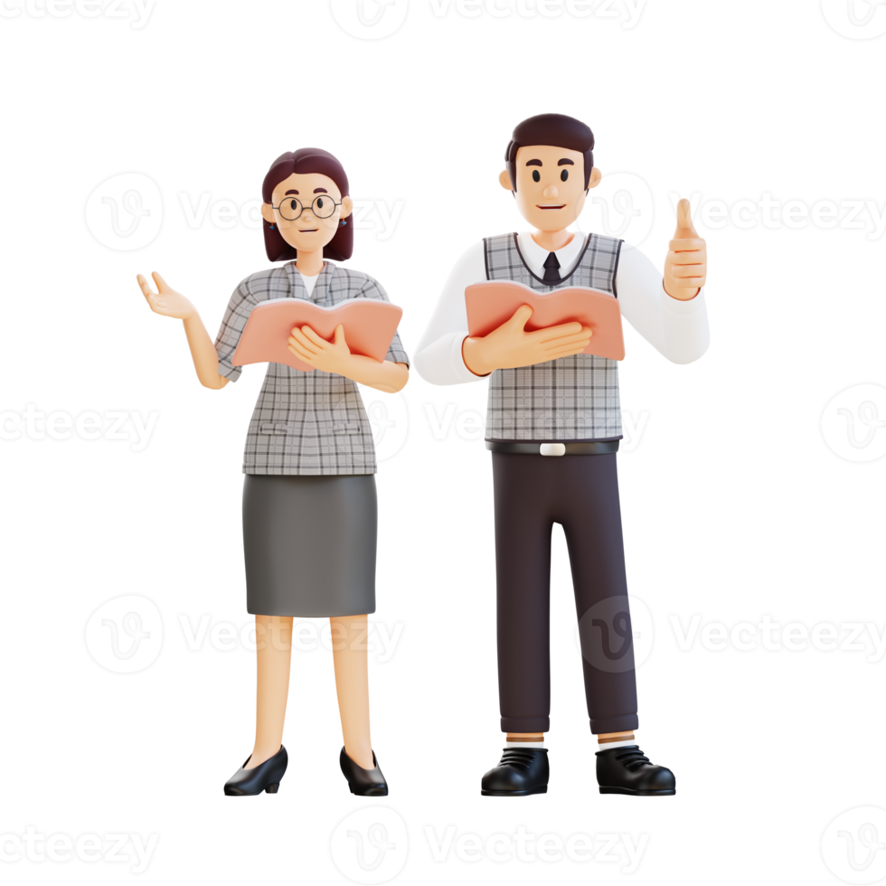 male and female teachers standing while holding books 3d character illustration png