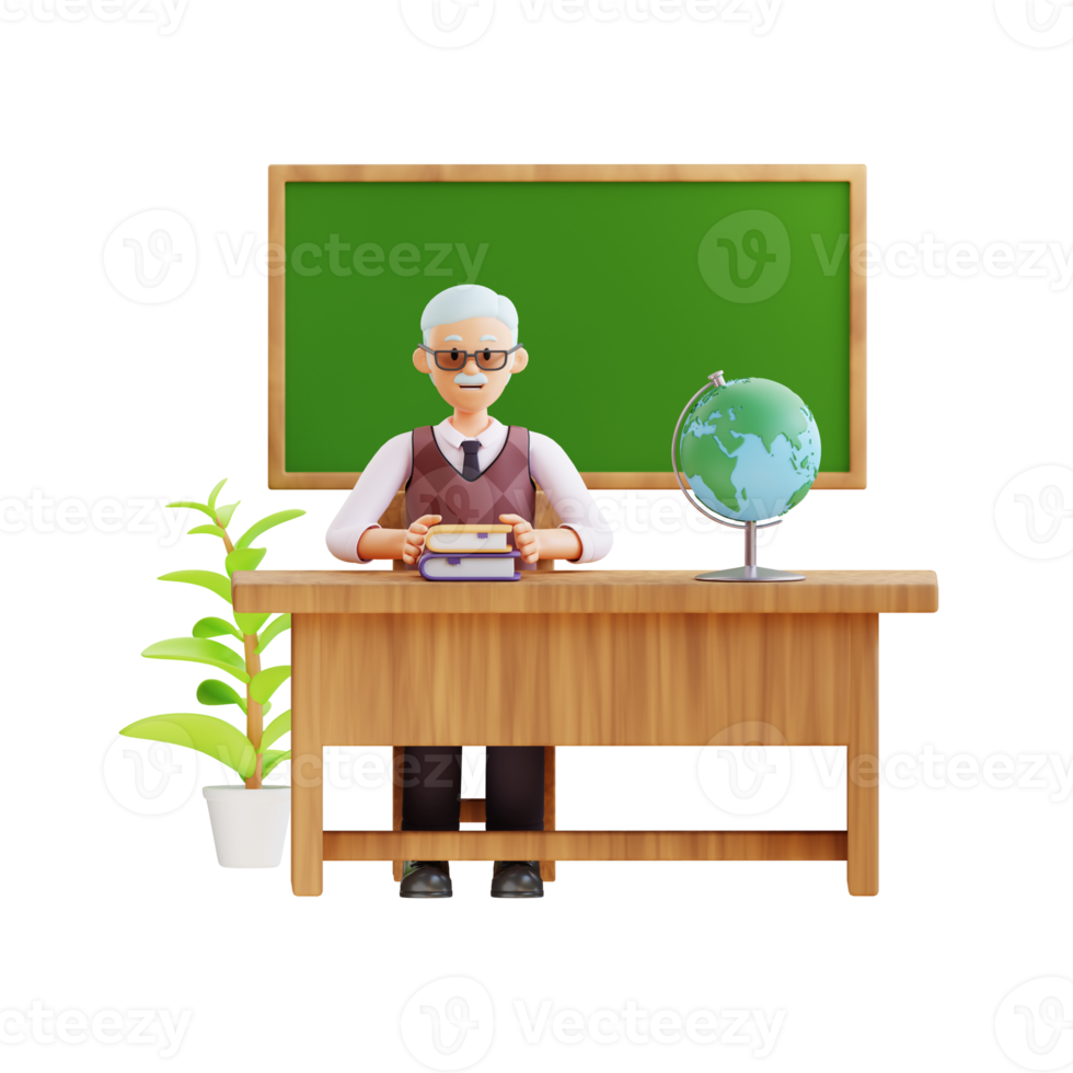 profesor senior sentado en el aula ilustración de personajes 3d png