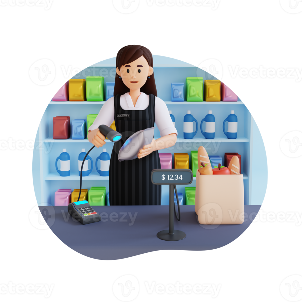 female cashier scanning product 3d character illustration png