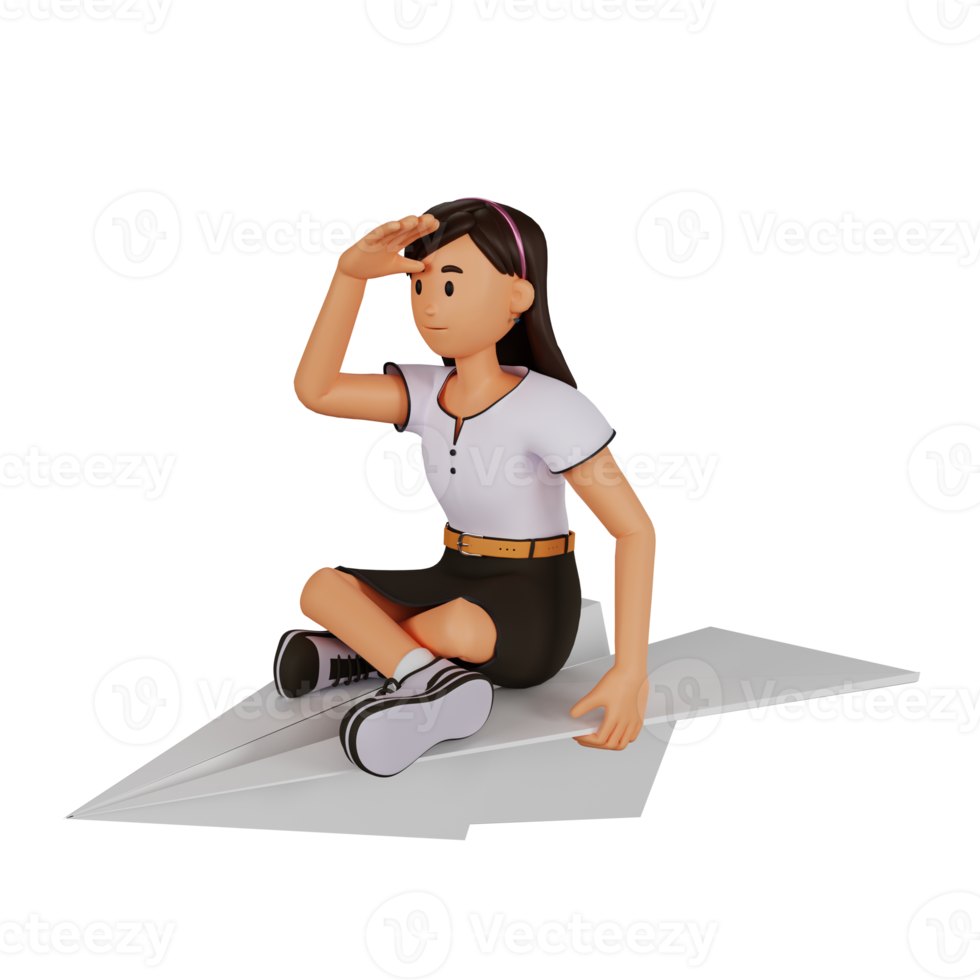 young woman riding paper plane 3d cartoon character illustration png