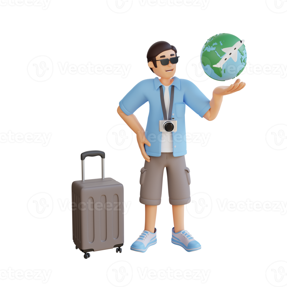 male tourist with suitcase and globe 3d character illustration png