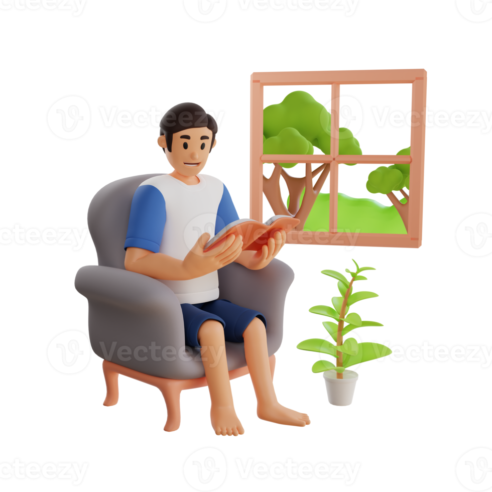 young man reading book sitting on the sofa at home 3d character illustration png