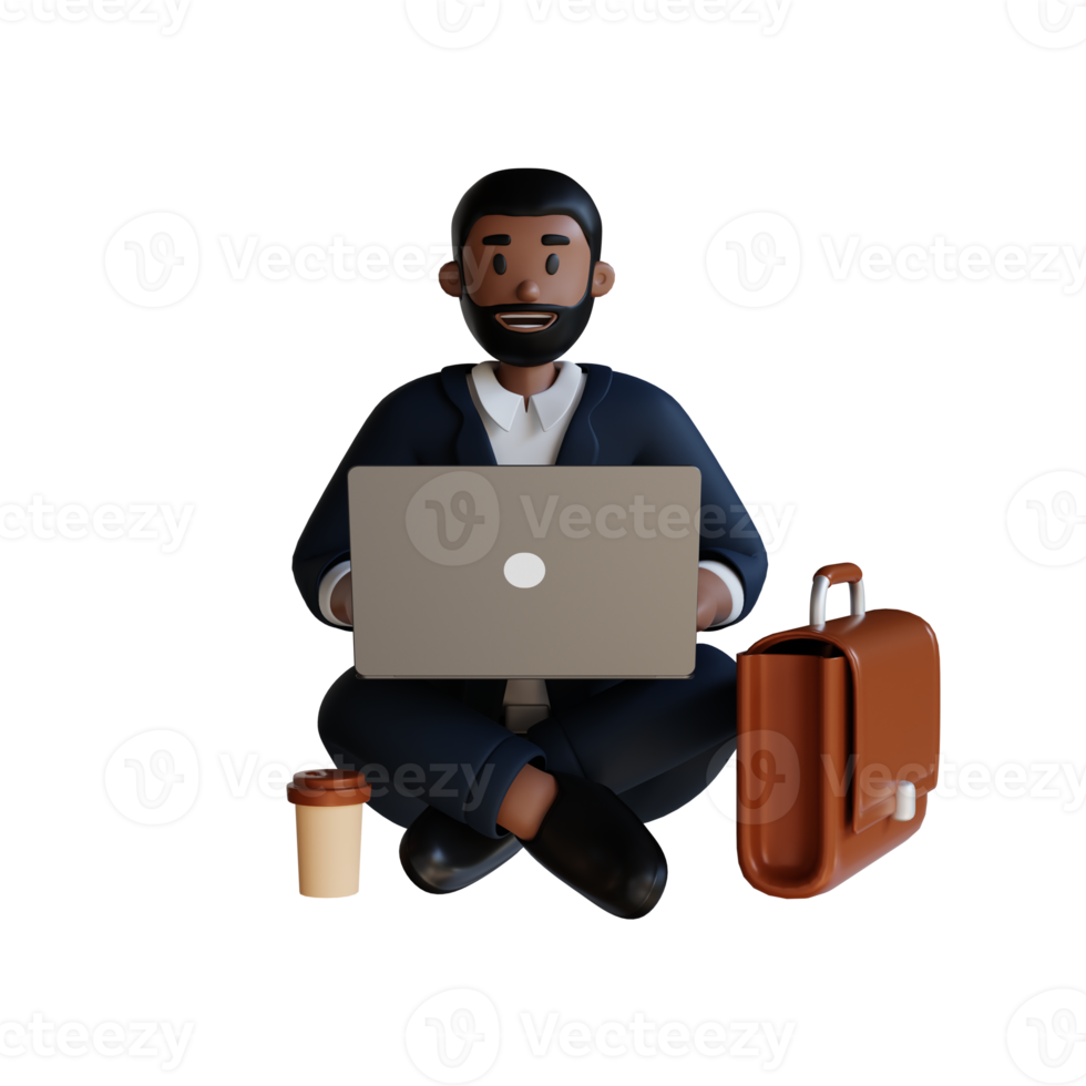 hombre de negocios sentado en el piso usando una computadora portátil ilustración de personajes 3d png