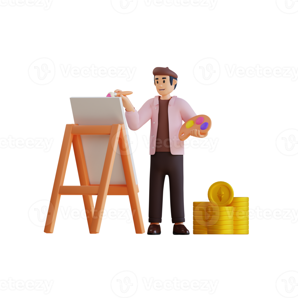 artist painting picture on easel while standing 3d character illustration png