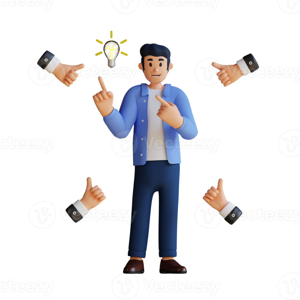 businessman get ideas for business with many thumbs up hands around him 3d character illustration png