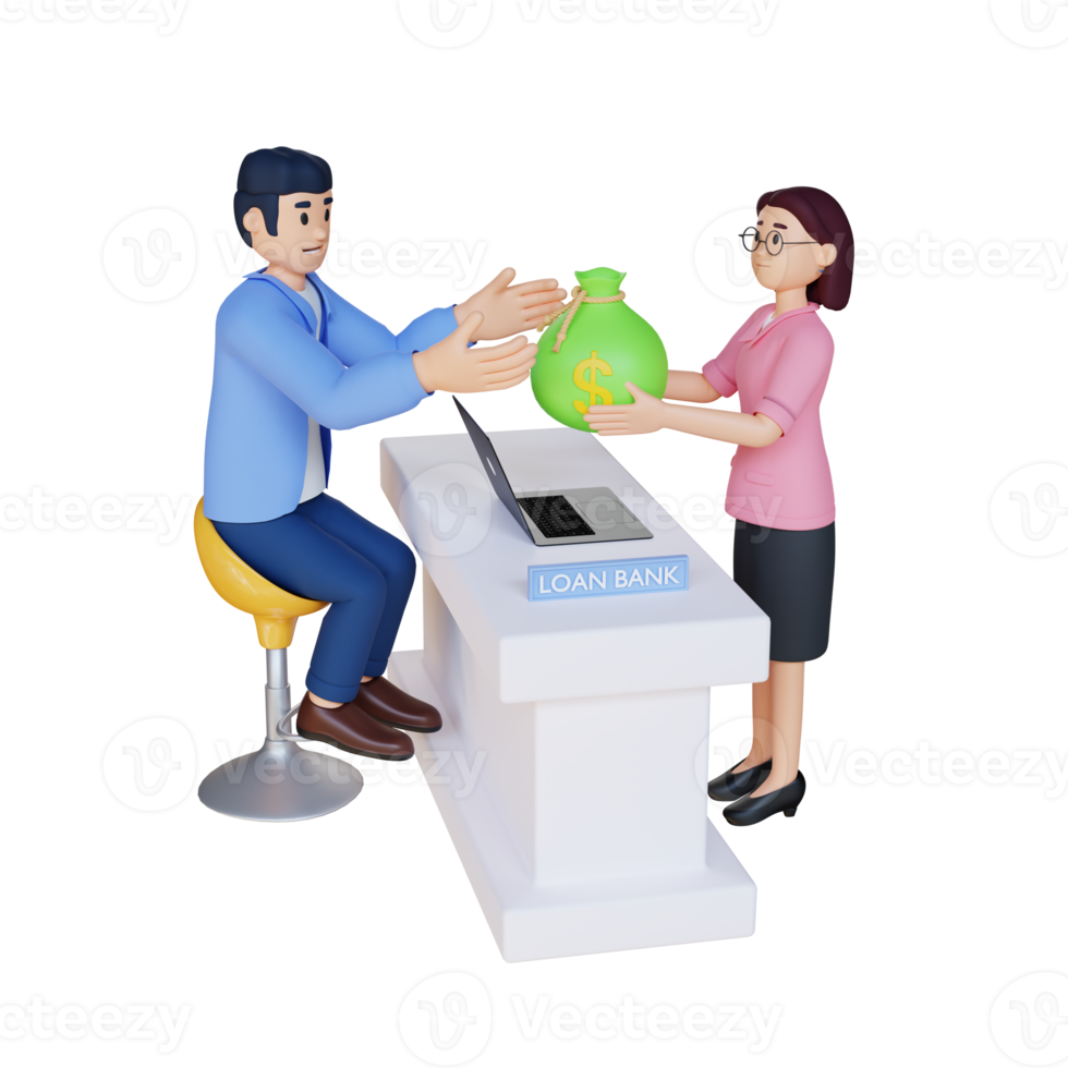 man handing a sack of money to a bank clerk 3d character illustration png