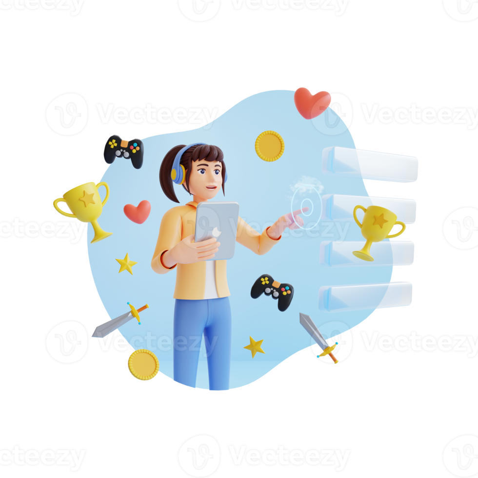 young girl playing game on projection molecules 3d character illustration png