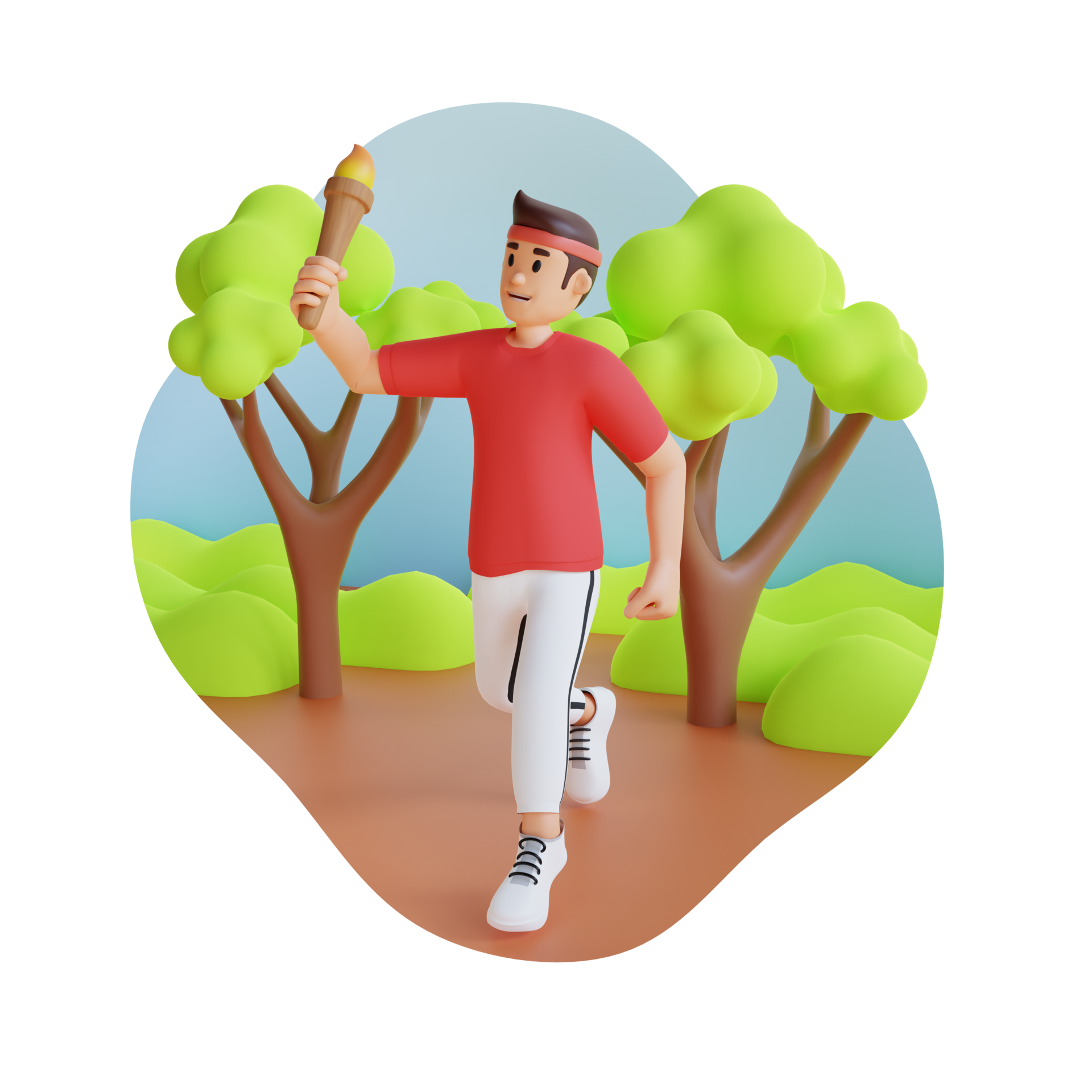 male athlete holding a fire torch running outdoor 3d character