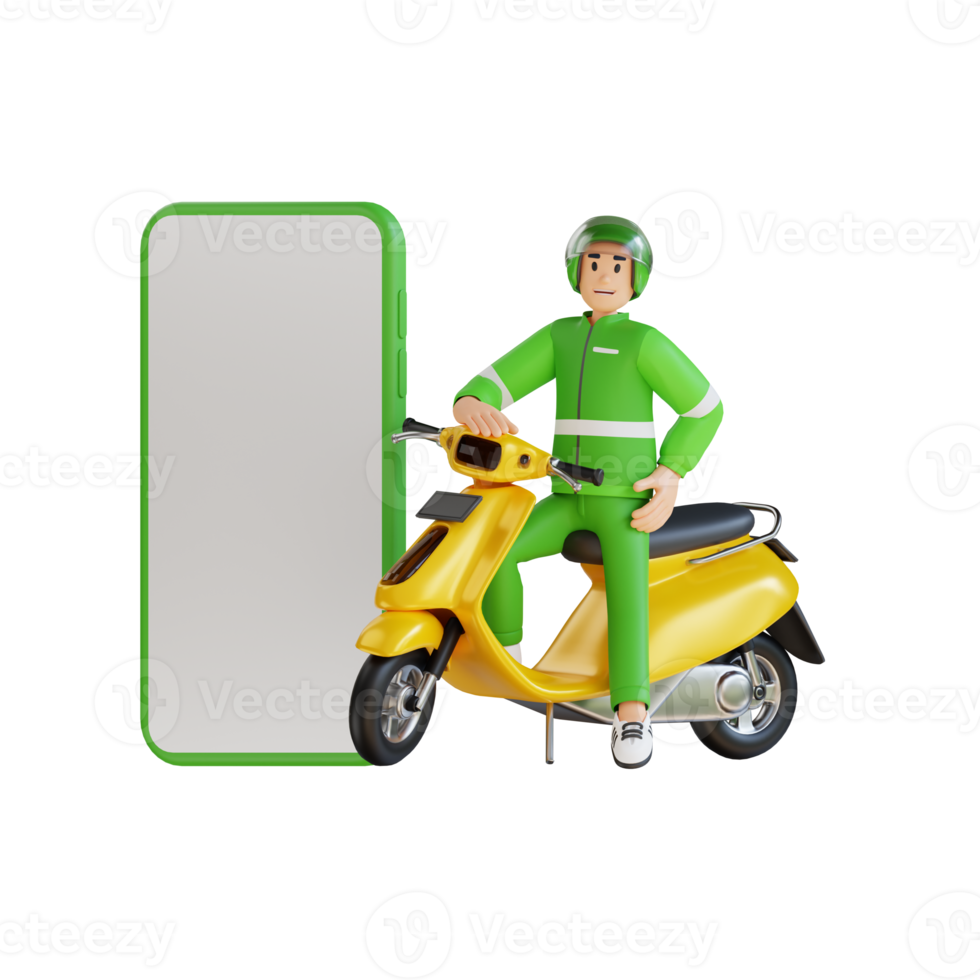conductor de ojek con una moto y un teléfono celular grande a su lado ilustración de personaje 3d png