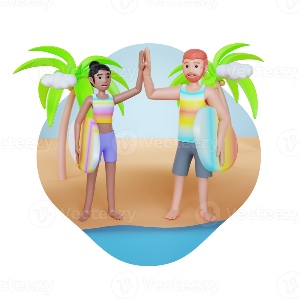 pareja de niños y niñas con tablas de surf en la playa haciendo cinco ilustraciones de personajes en 3d png